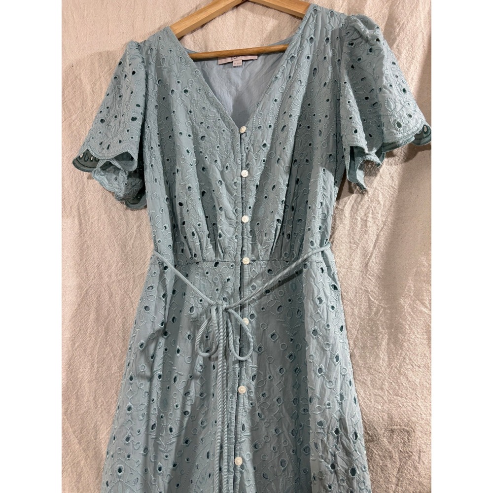 LOFT Light Blue Eyelet Button Front Midi Dress Short Flutter Sleeve Scallop M - Picture 2 of 6
